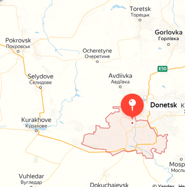 도네츠크주 주도인 도네츠크시(표식)를 중심으로 본 우크라이나 요새 도시들.(왼쪽 맨아래에서 위쪽으로) 우글레다르, 쿠라호보, 셀리도보는 이미 함락됐고, 그 위 포크로프스크는 거의 포위된 상태다. 도네츠크시 위쪽(북쪽)으로 보이는 아브데예프카와 오체레티노도 러시아군의 수중에 들어갔다. 남은 곳은 그 위쪽의 토레스크와 고를로프카다/출처:얀덱스 지도