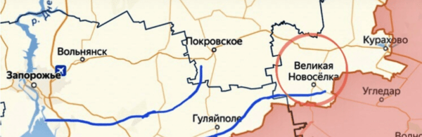 도네츠크주의 벨리카야 노보셀카(동그라미 표시)에서 맨왼쪽(서쪽)의 자포로제시까지 약 120Km 떨어져 있다. 벨리카야 노보셀카 오른쪽(동쪽)으로는 러시아군이 이미 점령한 우클레다르, 쿠라호보 등이 보인다/지도 출처:젠 블로그