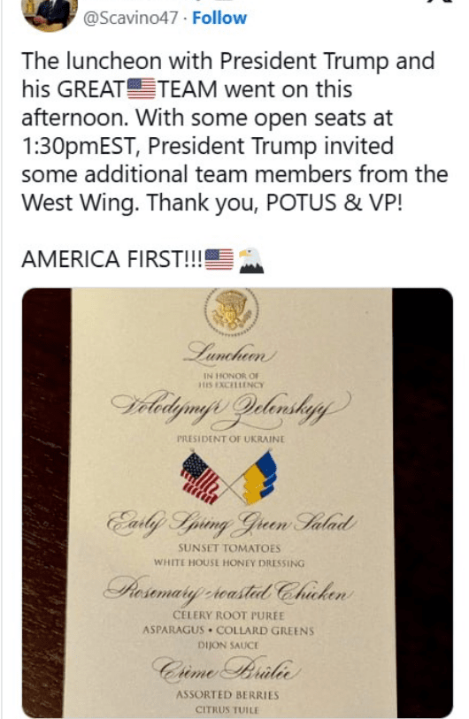 미-우크라 정상회의 오찬 메뉴표. 회의가 파행하면서 준비된 음식들은 백악관 서쪽(웨스트 윙) 직원들의 차기가 됐다/캡처