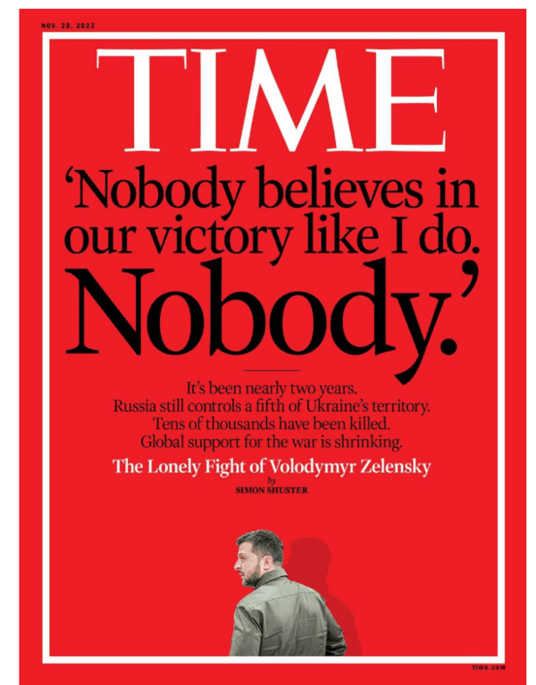 타임의 첫번째 젤렌스키 대통령 인터뷰 기사(위)와 두번째 기사의 표지/캡처