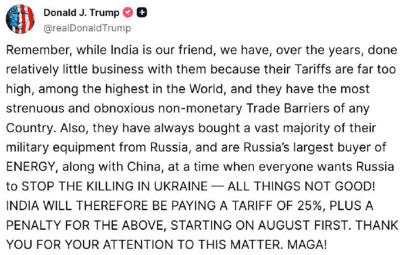 트럼프 미 대통령(위)과 인도에 관세를 부과한다는 그의 트루스 소셜 포스팅/사진출처:페이스북, 트루스 소셜 캡처&nbsp;&nbsp;