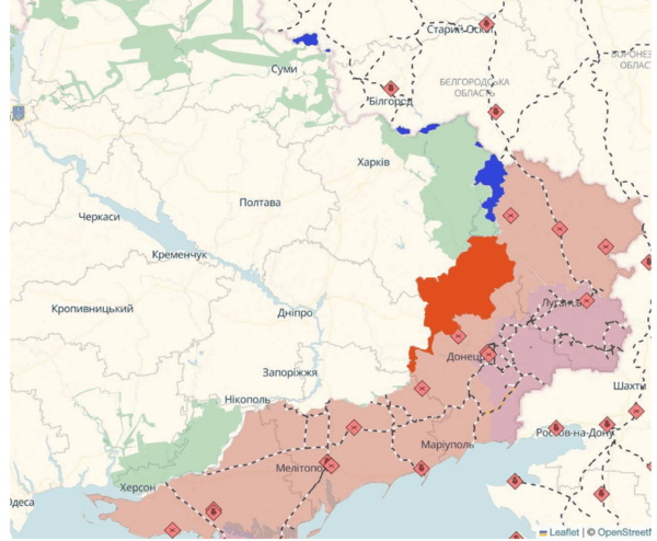 러-우크라 영토 교환설에 등장하는 지역들. 빨간색 부분(도네츠크주 우크라이나 점령 지역)과 청색(하르코프, 수미주의 러시아 점령지역)을 맞바꾸고, 헤르손(왼쪽 아래) 자포로제주에서는 현 전선에서 휴전한다는 버전이 가장 유력하다./사진출처:스트라나.ua