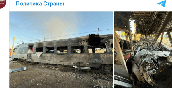 러시아군의 공습으로 빈니차주 우크라이나 차량 기지와 열차가 파괴, 전소됐다/캡처&nbsp;