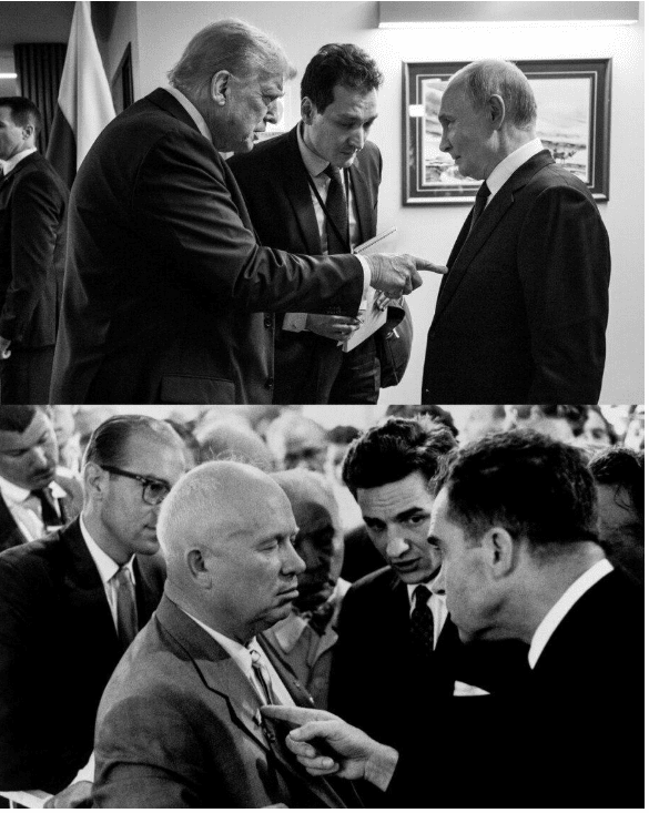 트럼프 대통령이 자신의 트루스 소셜에 올린 사진 두장. 위는 자신이 알래스카 정상회담에서 푸틴 대통령을 손가락으로 가리키며 뭔가 요구하는(?) 사진이고, 아래는 닉슨 전 대통령이 흐루쇼프 전 소련공산당 서기장에게 취한 비슷한 모습의 사진/캡처&nbsp;