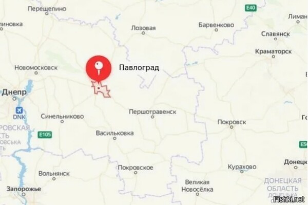 도네츠크주와 드네프로페트로프스크, 자로포제주 행정경계선. 오른쪽 위에 포크로프스크가 있고, 그 왼쪽으로 주 경계선이 아래로 내려오면서 세 개의 주가 맞닿은다(맨 아래). 러시아군은 포크로프스크 남쪽(아래)로 내려와 서쪽(왼쪽)의 드네프로페트로프스크와 자포로제주로 공격을 강화하고 있다/얀덱스 지도 캡처&nbsp;