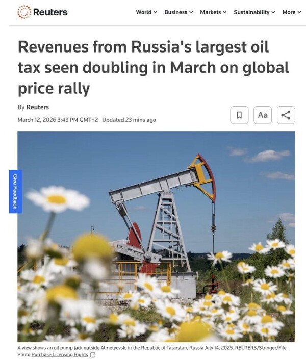 이란 전쟁으로 러시아 원유 수입이 2배 폭증했다는 로이터 통신의 12일자 보도/웹페이지 캡처