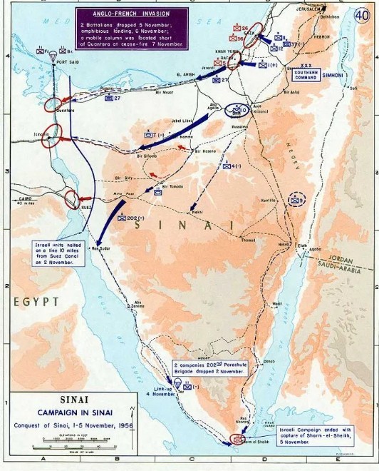 수에즈 운하를 장악하기 위해 군대를 동원한 이스라엘과 공습에 참여한 영-프랑스군에 의해 벌어진 1956년 제2차 중동전쟁의 전황도/사진출처:스트라나.ua